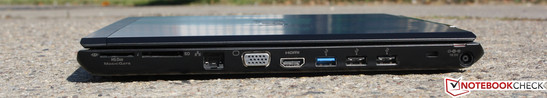 Right: HG Duo SD (card reader), Ethernet, VGA, HDMI, USB 3.0, 2 USB 2.0, Kensington, AC