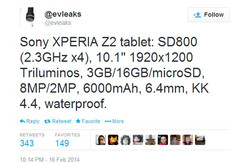 Sony Xperia Z2 Android tablet specs evleaks leak
