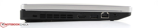 Left: Kensington, HDMI, USB 2.0, RJ45 Ethernet, headphone/microphone combo