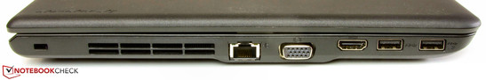 Left side: slot for a Kensington lock, Ethernet, VGA, HDMI, 2x USB 3.0