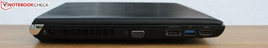 Left side: Power, VGA, eSATA/USB 2.0 combination, USB 3.0, HDMI
