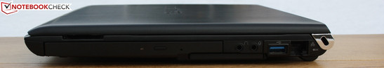 Right side: card reader, DVD multi burner, Audio: headphones & microphone, USB 3.0, Ethernet RJ45, Kensington Lock