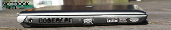 Left: Power input, vent, VGA, eSATA/USB combination, USB 2.0, HDMI