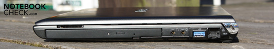 Right: Optical drive, microphone, headphones, USB 3.0, LAN (RJ-45), Kensington Security Slot (hinge)