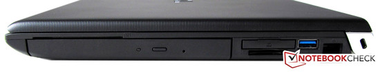 Right: DVD, SmartCard reader, ExpressCard 34 mm, USB 3.0, 2 USB 2.0s