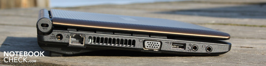 Left: Kensington-Lock, Strom, Ethernet, VGA, USB 2.0, microphone, headset