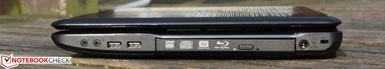 Right: Line-out, microphone, 2 USB 2.0s, BluRay ROM, AC, Kensington