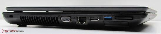 Left: Kensington lock slot, VGA out, Gigabit Ethernet port, HDMI, USB 3.0, card reader, ExpressCard slot (34mm)