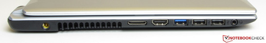 Left side: power-in, connector for adapters (VGA and Gigabit Ethernet), HDMI, USB 3.0, 2x USB 2.0, combo-audio