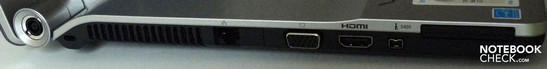 Left: 34mm ExpressCard slot, Firewire, HDMI, VGA, LAN, fan grill, Kensington lock, DC-in