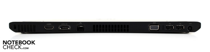 Back: Kensington, HDMI, eSATA/USB, Ethernet, VGA, 2 x USB 2.0, AC