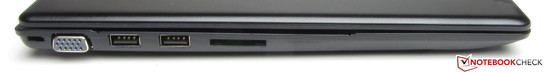 Left: Kensington lock slot, VGA, 2x USB 2.0, memory card reader