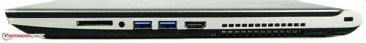 Right: SD card slot, combo audio, 2x USB 3.0, HDMI-out, Kensington Lock