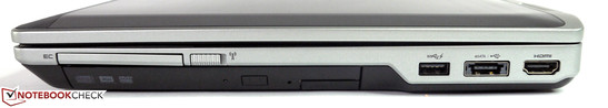 Right side: ExpressCard, WLAN switch, optical drive, USB 3.0, eSATA/USB 2.0, HDMI