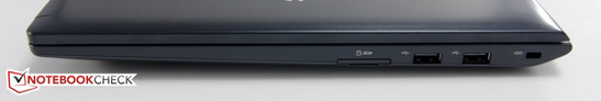 Right side: SD card reader, 2x USB 2.0, Kensington Lock slot