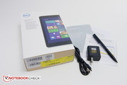 The box, power adapter, stylus, as well as the license code for MS Office and a quickstart guide
