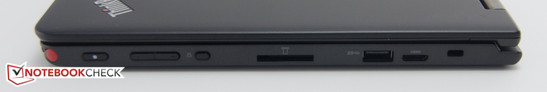 Right side: stylus, power button, volume control, rotation lock, card reader, USB 3.0, Mini-HDMI, lock slot