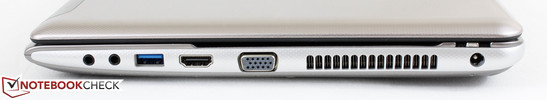 Right: 1x 3.5 mm headphone, 1x 3.5 mm mic, HDMI-out, VGA-out, AC input