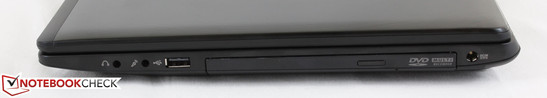 Right: 3.5 mm headphone, 3.5 mm mic, 1x USB 2.0, Optical drive, AC adapter