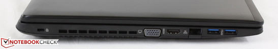 Left: Kensington Lock, VGA-out, HDMI-out, Gigabit Ethernet, 2x USB 3.0