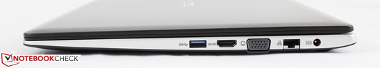 Right: 1x USB 3.0, HDMI-out, VGA-out, Gigabit Ethernet, AC power