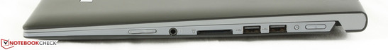 Right: Volume rocker, 3.5 mm combo audio, 2-in-1 SD reader, 2x USB 2.0, Lenovo OneKey button, Power button