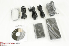 StarTech dock includes a Thunderbolt cable, stand, AC adapter, Universal power cord (NA/UK/EU) and Drivers disc