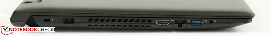 Left: Kensington Lock, AC power adapter, HDMI-out, Gigabit Ethernet, 1x USB 3.0, 3.5 mm combo audio
