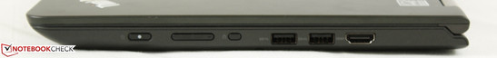 Right: Power button, Volume rocker, Key lock, 2x USB 3.0, HDMI-out