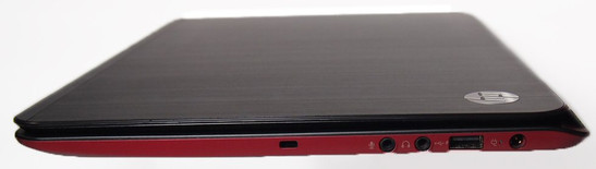 Left side: Kensington, microphone, headphones, USB 2.0, power jack