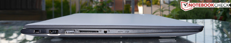 Left: Kensington, power, USB 2.0,  card reader, audio, status LEDs