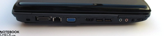 Left Side: Kensington Lock, Docking Port, LAN, VGA, HDMI, 2x USB, audio ports, ExpressCard