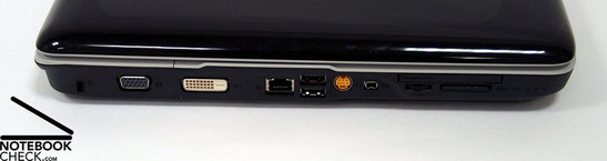 Left Side: Kensington Lock, VGA, DVI-D, LAN, 2x USB, S-Video, Firewire, Cardreader, ExpressCard