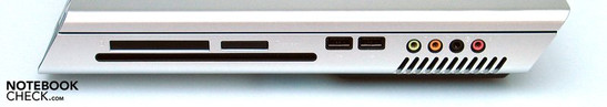 Right side: ExpressCard, Cardreader, slot-in drive, 2xUSB, sound