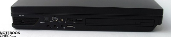 Left Side: Power Connector, TOSlink, S-Video, Antenna, 3.5mm Audio Ports, 3xUSB 2.0, Blu-Ray Drive