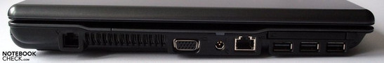 Left-hand side: Modem, ventilation slits, VGA, mains connection 10/100 Ethernet, ExpressCard/54 with three USB 2.0 ports underneath