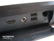 The HDMI, DC-in, 2x USB 2.0 and RJ-45 Gigabit-LAN are accessible under a cover on the rear