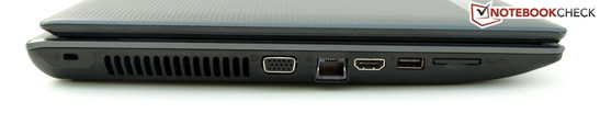 Linke Seite: Kensington Lock, Lüfter, VGA, RJ-45 (LAN), HDMI, USB-2.0, Kartenleser