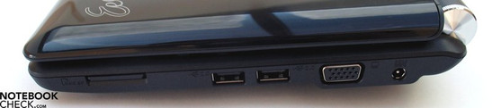 Right side: Multimedia card reader, 2x USB 2.0, VGA, power socket