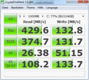 Crystal Disk Mark 3.0: 429/132 MB/s read/write