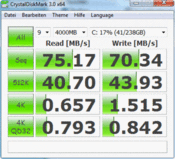 Crystal Disk Mark 3.0: 75/70 MB/s read/write