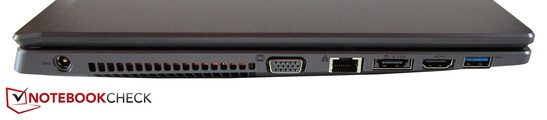 Left side: AC power, VGA, Gigabit-Ethernet, eSATA/USB 3.0, HDMI, USB 3.0