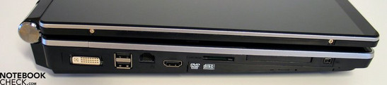 Left: DVI, 2xUSB, LAN, HDMI, card reader, Expresscard, Firewire, optical drive
