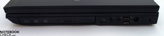 Right side: DVD drive, Firewire, audio ports, USB 2.0, power socket, Kensington lock