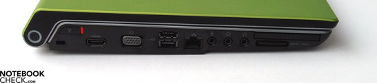 Left: Kensington Lock, HDMI, VGA-Out, 2x USB 2.0, LAN, Audio Ports, ExpressCard, SD Cardreader