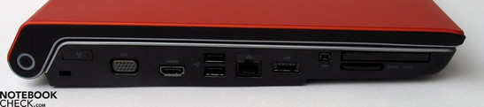 Left Side: Kensington Lock, VGA-Out, HDMI, 2x USB 2.0, LAN, USB, FireWire, ExpressCard, SD card reader
