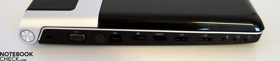 Left Side: Kensington Lock, VGA, antenna, LAN, display port, HDMI, 2x USB 2.0, audio