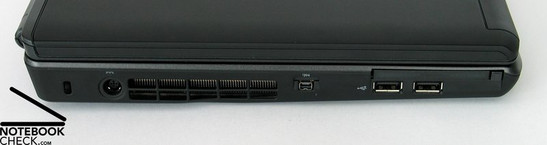 Left: Kensington Lock, Power connection, Fan, Firewire, 2x USB 2.0, ExpressCard