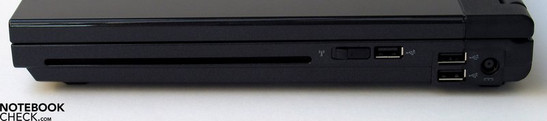 Right Side: optical drive (Slot-In), 3x USB, power supply