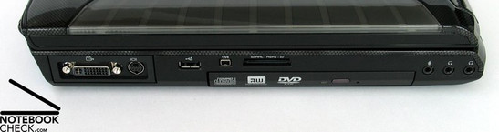 Left side: DVI-D-I, S-Video Out, USB, Firewire, Cardreader, DVD, Audio Ports